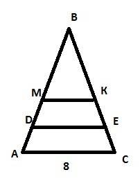Втреугольнике abc проведена средняя линия mk , m принадлежит ab , k принадлежит bc определите вид am