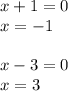 x+1=0 \\ x=-1 \\ \\ x-3=0 \\ x=3