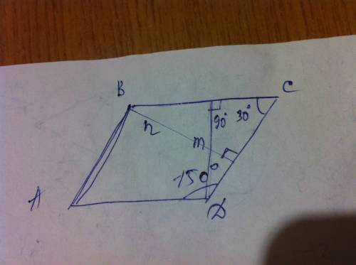 Тупой угол параллелограмма равен 150 градусов. длины перпендикуляров, опущенных смежным сторонам ,ра