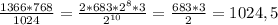 \frac{1366*768}{1024} = \frac{2 * 683 * 2^{8} * 3}{ 2^{10} } = \frac{683 * 3}{2} = 1024,5