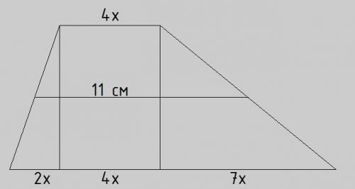 ﻿можете чертёж начертить ? ) средняя линия трапеции равна 11см, а высоты, проведенные из вершины ее