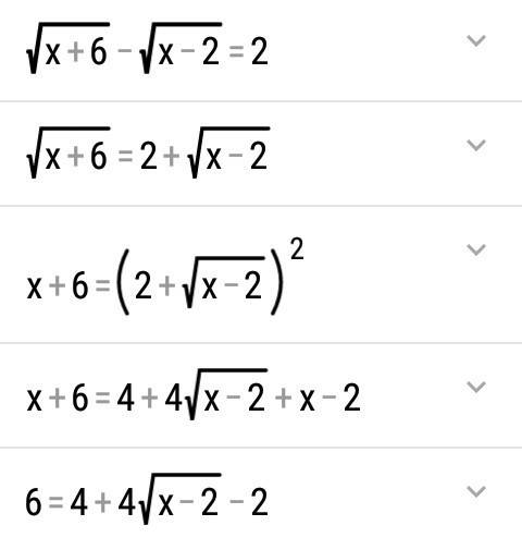 Решите уравнение корень из х+6 - корень из х-2 =2