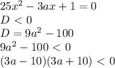 25x^2-3ax+1=0\\&#10;D \ \textless \ 0\\&#10;D = 9a^2-100\\&#10;9a^2-100 \ \textless \ 0\\&#10;(3a-10)(3a+10) \ \textless \ 0\\&#10;