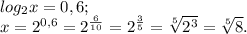 log_{2}x=0,6; \\ x= 2^{0,6}= 2^{ \frac{6}{10} }= 2^{ \frac{3}{5} }= \sqrt[5]{ 2^{3} }= \sqrt[5]{8}.