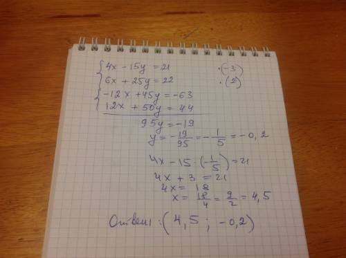 Не выполняя построения найти координаты точек пересечения прямых 4x-15y=21 и 6x+25y=22