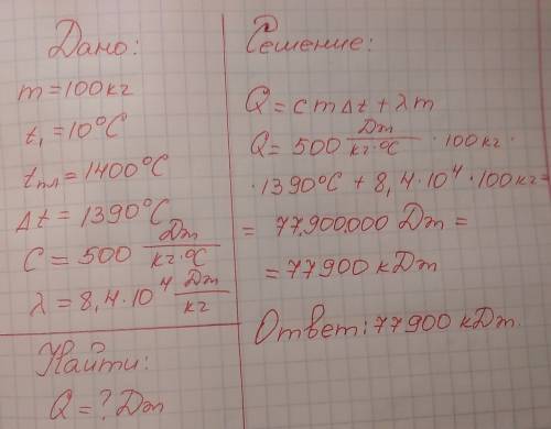 Какое количество теплоты потребуется для того чтобы расплавить 100 кг стали, находящийся при темпера