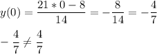 \displaystyle y(0)=\frac{21*0-8}{14}=-\frac{8}{14}=-\frac{4}{7}\\\\\ -\frac{4}{7}\neq \frac{4}{7}