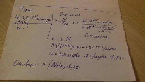 Дано: n (nh3) = 2,5 × 10 23 найти : m (nh) - ?