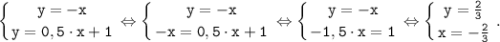 \tt \displaystyle \left \{ {{y=-x} \atop {y=0,5 \cdot x+1}} \right. \Leftrightarrow \left \{ {{y=-x} \atop {-x=0,5 \cdot x+1}} \right. \Leftrightarrow \left \{ {{y=-x} \atop {-1,5 \cdot x=1}} \right. \Leftrightarrow \left \{ {{y=\frac{2}{3}} \atop {x=-\frac{2}{3} }} \right. .