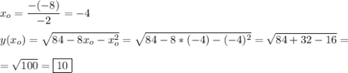\displaystyle x_o=\frac{-(-8)}{-2}=-4\\\\y(x_o)=\sqrt{84-8x_o-x_o^2}=\sqrt{84-8*(-4)-(-4)^2}=\sqrt{84+32-16}=\\\\=\sqrt{100}=\boxed{10}