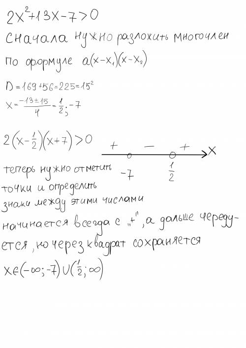 Объясните как решить это неравенство методом интервалов 2x^2+13x-7> 0