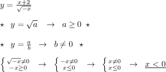 y= \frac{x+2}{ \sqrt{-x} } \\\\\star \; \; y=\sqrt{a} \; \; \; \to \; \; a \geq 0\; \star \\\\\star \; \; y=\frac{a}{b}\; \; \to \; \; b\ne 0\; \; \star \\\\ \left \{ {{\sqrt{-x}\ne 0} \atop {-x \geq 0}} \right. \; \; \to \; \; \left \{ {{-x\ne 0} \atop {x \leq 0}} \right. \; \; \to \; \; \left \{ {{x\ne 0} \atop {x \leq 0}} \right. \; \; \to \; \; \underline {x\ \textless \ 0}