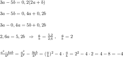 3a-5b=0,2(2a+b)\\\\3a-5b=0,4a+0,2b\\\\3a-0,4a=5b+0,2b\\\\2,6a=5,2b\; \; \Rightarrow \; \; \frac{a}{b}=\frac{5,2}{2,6}\; ,\; \; \; \frac{a}{b}=2\\\\\\\frac{a^2-4ab}{b^2}=\frac{a^2}{b^2}- \frac{4ab}{b^2}=(\frac{a}{b})^2 -4\cdot \frac{a}{b} =2^2-4\cdot 2=4-8=-4