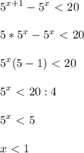 \displaystyle 5^{x+1}-5^x\ \textless \ 20\\\\5*5^x-5^x\ \textless \ 20\\\\5^x(5-1)\ \textless \ 20\\\\5^x\ \textless \ 20:4\\\\5^x\ \textless \ 5\\\\x\ \textless \ 1