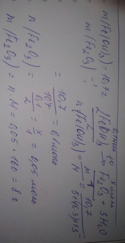 Какую массу оксида можно получить при разложении 10,7 г гидроксида железа (iii)? ​