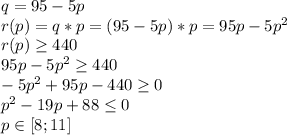 q = 95-5p\\&#10;r(p) = q*p = (95-5p)*p = 95p-5p^2\\&#10;r(p) \geq 440\\&#10;95p-5p^2 \geq 440\\&#10;-5p^2+95p-440 \geq 0\\&#10;p^2-19p+88 \leq 0\\&#10;p \in [8;11]\\&#10;