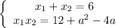 \left \{\begin{array}{I} x_1+x_2=6 \\ x_1x_2=12+a^2-4a \end{array}