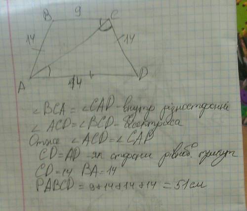 Більша основа рівнобічної трапеції дорівнює 14 см, а менша основа-9 см.з найдіть периметр трапеції,