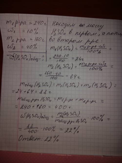 Mр-ра = 240г, w =10% m р-ра = 160г, w =40% найти w(h²so⁴) в новом растворе