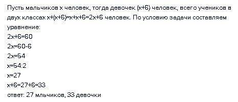 Решать : в двух классах 60 человек. сколько среди них мальчиков и сколько девочек, если девочек на 6