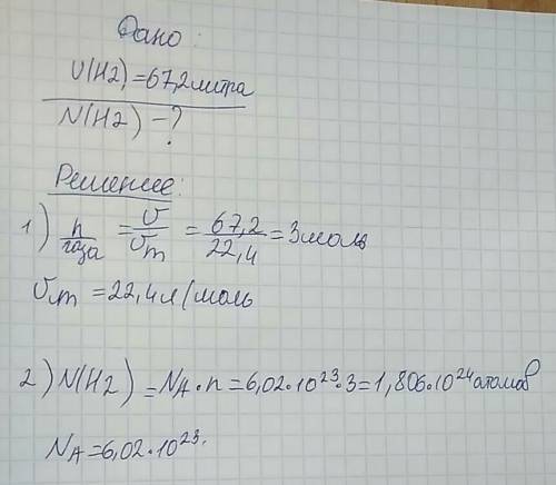 Вычислите число молекул при н.у.для 67,2 литров водорода