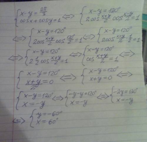 Решить систему уравнений x - y = 2π\3, cos x + cos y = 1