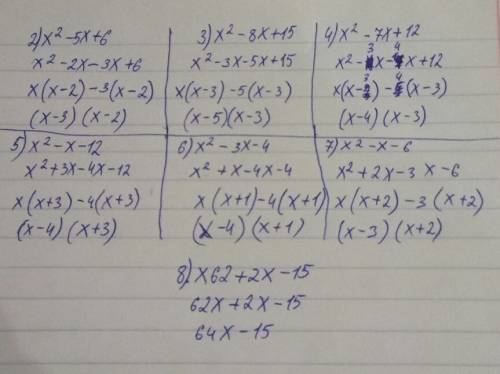 2)x^2-5x+6 3)x^2-8x+15 4)x^2-7x+12 5)x^2-x-12 6)x^2-3x-4 7)x^2-x-6 8)x62+2x-15 разложите на множител