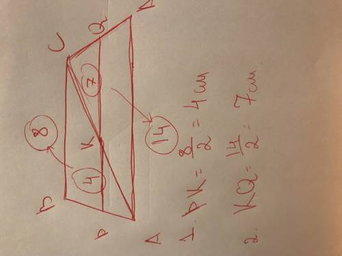 Основы трапеции равняются 8 см и 14 см. найдите отрезки, на которые диагональ делит её среднею линию