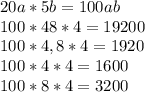 20a * 5b = 100ab \\&#10;100*48 * 4 = 19200 \\&#10;100*4,8 * 4 = 1920 \\&#10;100*4 * 4 = 1600 \\&#10;100*8*4 = 3200