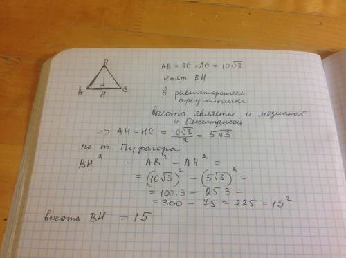Сторона равностороннего треугольника равна 10 корень из 3 . найдите высоту этого треугольника.
