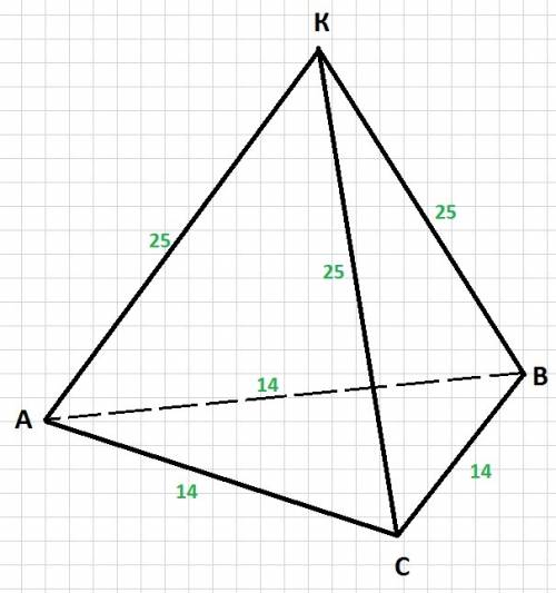 Стороны основания правильной треугольной пирамиды равны 14 ,а боковые ребра равны 25 .найдите площад