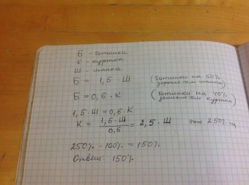 Известно что ботинки на 40% дешевле чем куртка и на 50% дороже чем шапка. определите на сколько % ку