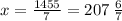 x = \frac{1455}{7} = 207 \: \frac{6}{7}