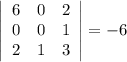 \left|\begin{array}{ccc}6&0&2\\0&0&1\\2&1&3\end{array}\right|=-6