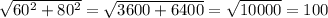 \sqrt{60^2 + 80^2} = \sqrt{3600 + 6400} = \sqrt{10000} = 100