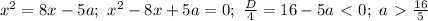 x^2=8x-5a;\ x^2-8x+5a=0;\ \frac{D}{4}=16-5a\ \textless \ 0;\ a\ \textgreater \ \frac{16}{5}