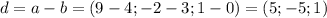 d = a - b = (9-4; -2-3; 1 -0) = (5; -5; 1)