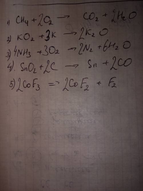 1. сн4+о2=со2+н2о 2. ко2+к=к2о 3. nh3+o2=n2+h2o 4. sno2+c=sn+co 5. cof3=cof2+f2 уровнять