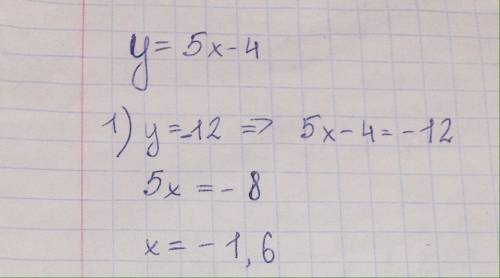 Функция задана формулой у=5х-4.найдите значения аргумента,при которых у равен -12; 0; 1;