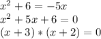 x^{2} + 6 = -5x \\ x^{2} + 5x + 6 = 0 \\ (x + 3)*(x + 2) = 0