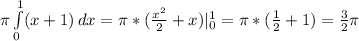 \pi \int\limits^1_0 (x+1) \, dx= \pi *( \frac{x^2}{2}+x)|_0^1= \pi *( \frac{1}{2}+1)= \frac{3}{2} \pi