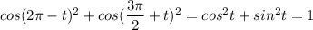 cos(2 \pi -t)^2+cos( \dfrac{3 \pi }{2}+t)^2=cos^2t+sin^2t=1