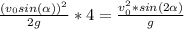 \frac{(v_0sin(\alpha))^2}{2g}*4= \frac{v_{0}^{2}*sin(2\alpha)}{g}