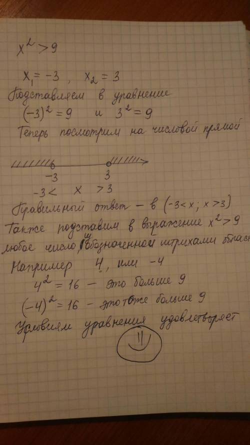 Решите неравенство х^2> 9 с решением, а) х< 3; б) х< -3; в) -33. хорошенько объясните мне!