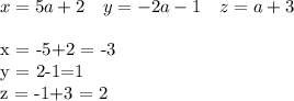 x = 5a+2 \ \ \ y = -2a -1 \ \ \ z= a +3 \ \ \\\&#10;&#10;x = -5+2 = -3\\y = 2-1=1\\ z = -1+3 = 2