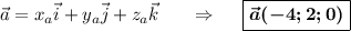 \vec a=x_a\vec i +y_a\vec j+z_a\vec k\ \ \ \ \ \Rightarrow\ \ \ \ \boxed{\boldsymbol{\vec a(-4;2;0)}}
