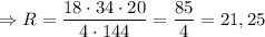 \Rightarrow R = \dfrac{18 \cdot 34 \cdot 20}{4 \cdot 144} = \dfrac{85}{4} = 21,25