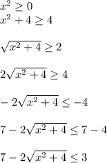 x^2 \geq 0 \\ x^2+4 \geq 4 \\ \\ \sqrt{x^2+4} \geq 2 \\ \\ 2\sqrt{x^2+4} \geq 4 \\ \\ -2 \sqrt{x^2+4} \leq -4 \\ \\ 7-2 \sqrt{x^2+4} \leq 7-4 \\ \\ 7-2 \sqrt{x^2+4} \leq 3