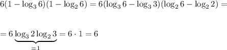 6(1-\log_36)(1-\log_26)=6(\log_36-\log_33)(\log_26-\log_22)=\\ \\ \\ =6\underbrace{\log_32\log_23}_{=1}=6\cdot 1=6