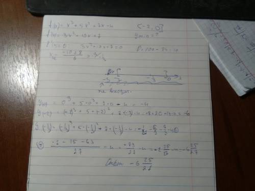 Найдите наименьшее значение функции f(x) =x(3)+5x(2)+7x-4 на отрезке [-2; 0]